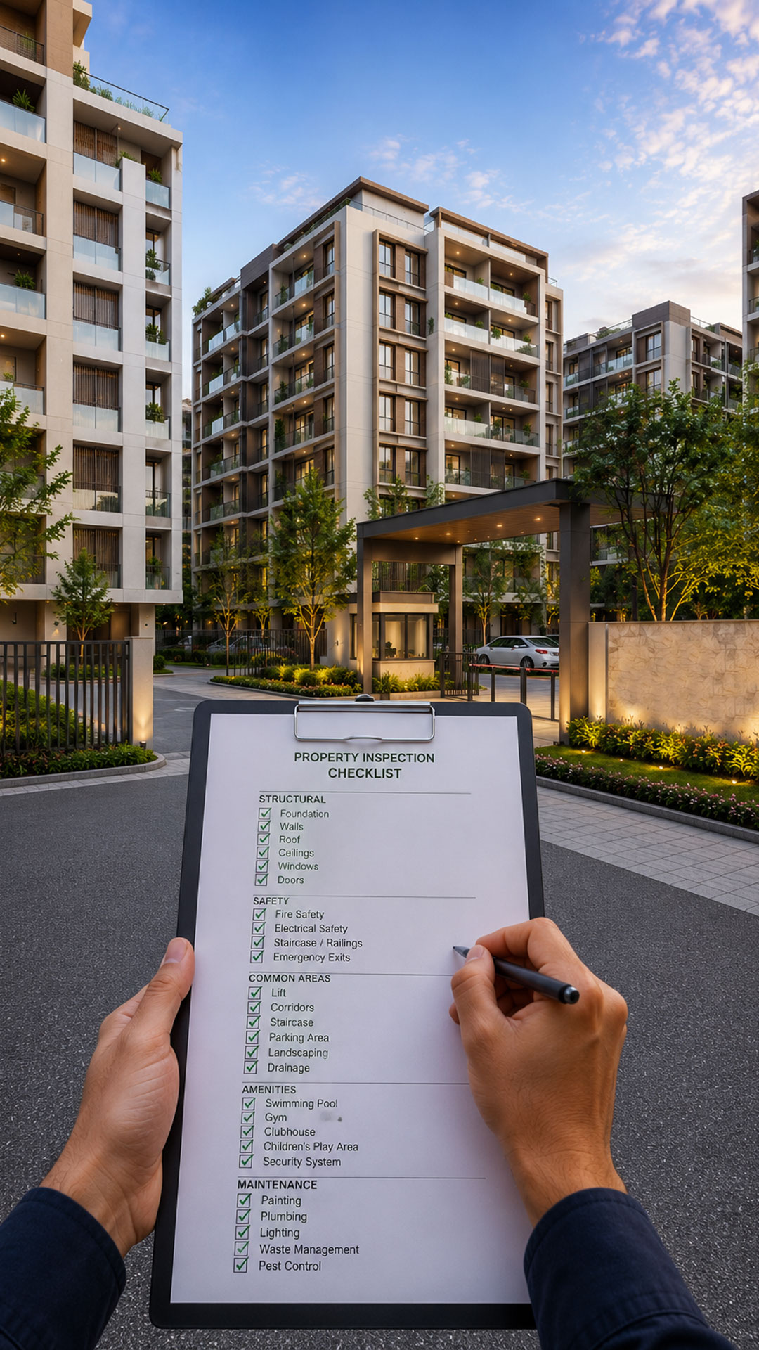 Property inspection checklist with residential apartment complex